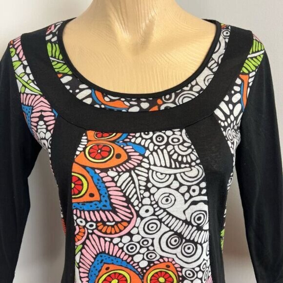 Oze Women’s Medium Psychedelic Bohemian Art to Wear Mini 3/4 Sleeve Dress Black - Picture 2 of 14